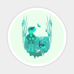 Cute frogs swimming in the pond with diving equipment Magnet